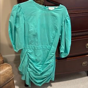 RHODE Aqua Ruched Short Dress with Puff Sleeves